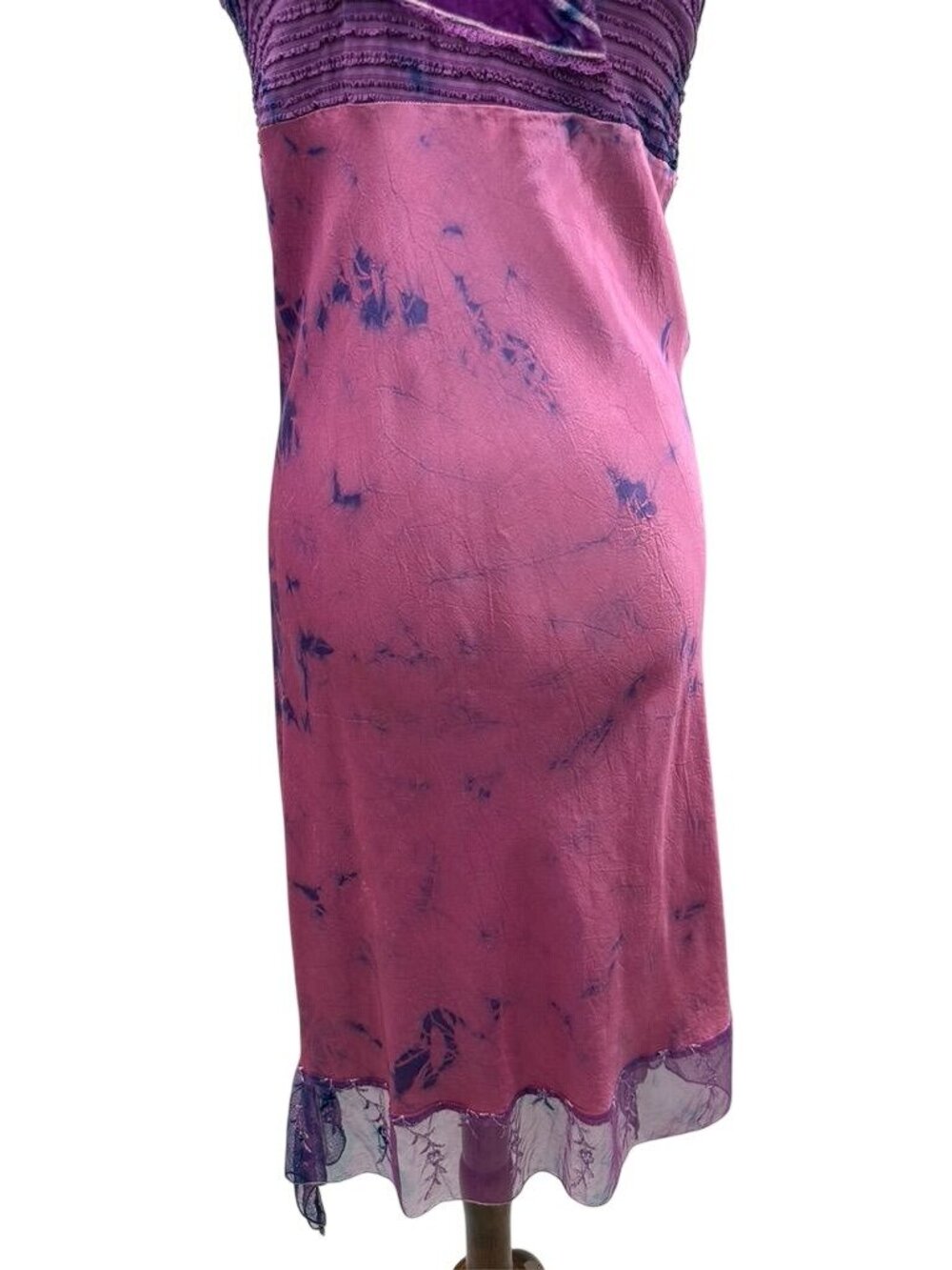 Vintage 90s Monah Li Tie-Dye Silk Slip Dress With Lace Velvet Pink & Purple - Picture 11 of 16